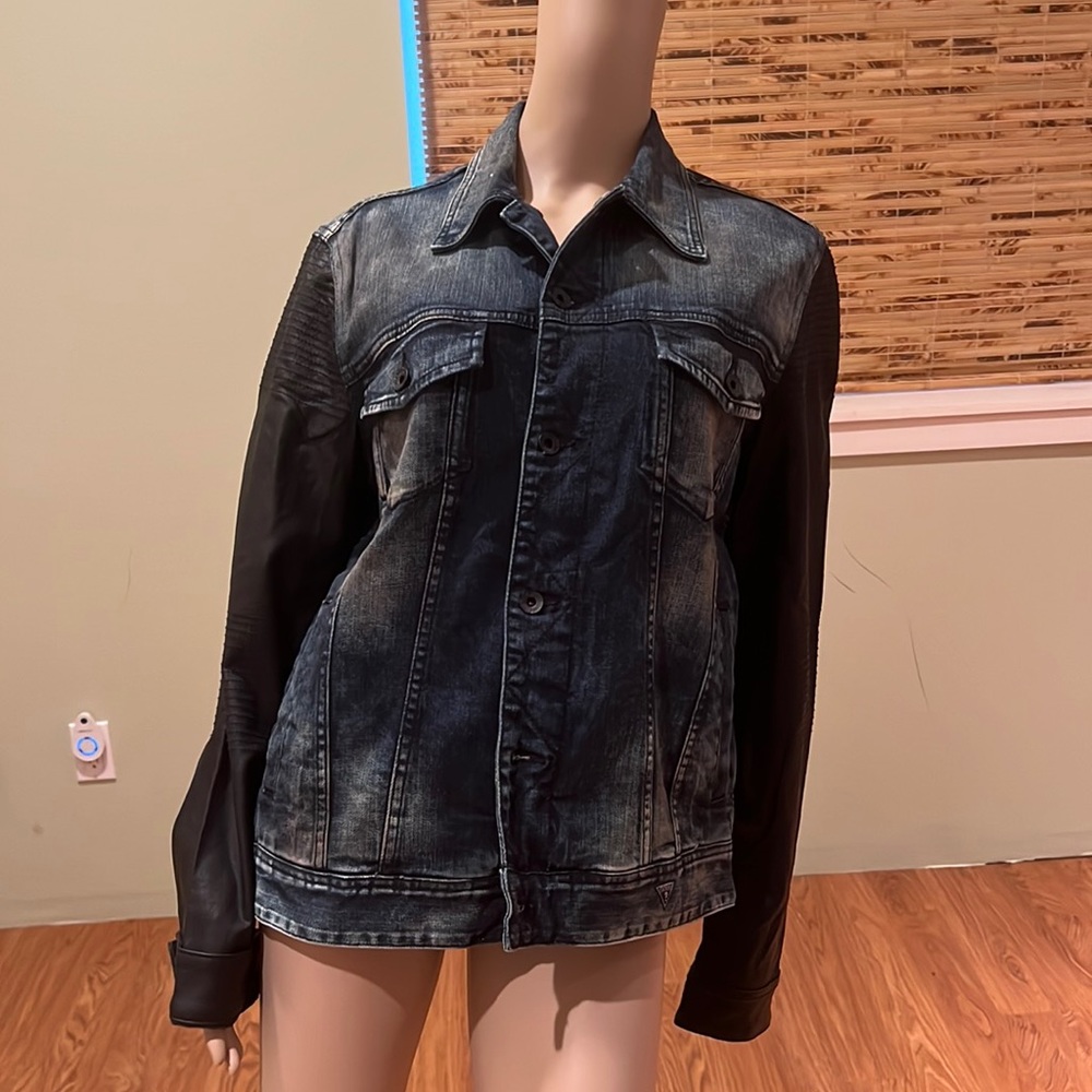 Guess Dillon Jean Jacket Distressed Blue With Black Faux Leather Sleeves Size M